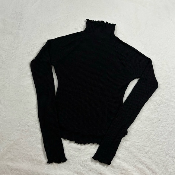 Free People Make It Easy Black Waffle Knit Turtleneck Shirt - Picture 2 of 4